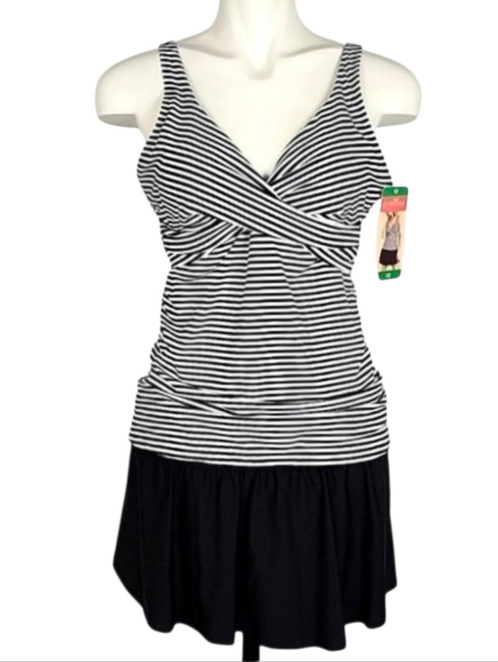 NWT Christina Women's Striped Tankini Top Ruched Swim Skirt Set Black 12